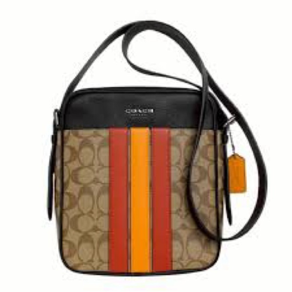 COACH Hudson Crossbody Brown Signature Canvas With Orange Varsity Stripe NEW